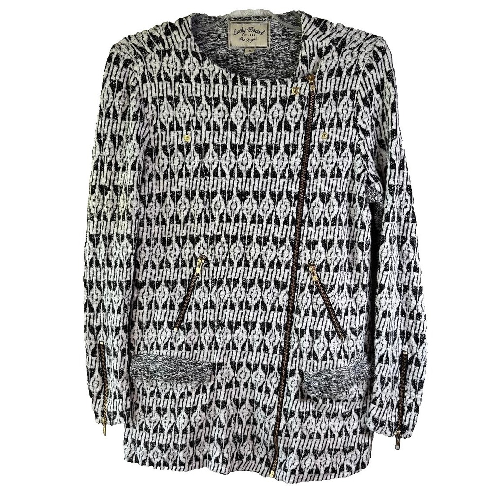 Lucky Brand Women MEDIUM Black White Sweater Knit Jacket Full Zip